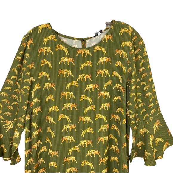 Anthropologie Conditions Apply Olive Green Tiger Print Ruffle Sleeve Dress - Picture 3 of 15